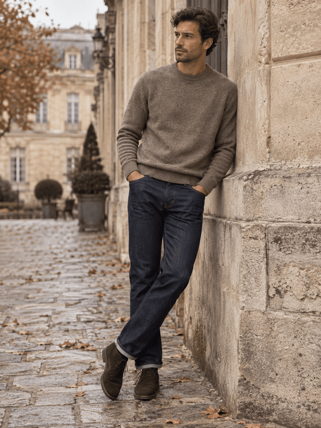 Dunkle Jeans mit Strick und braunen Schuhen
