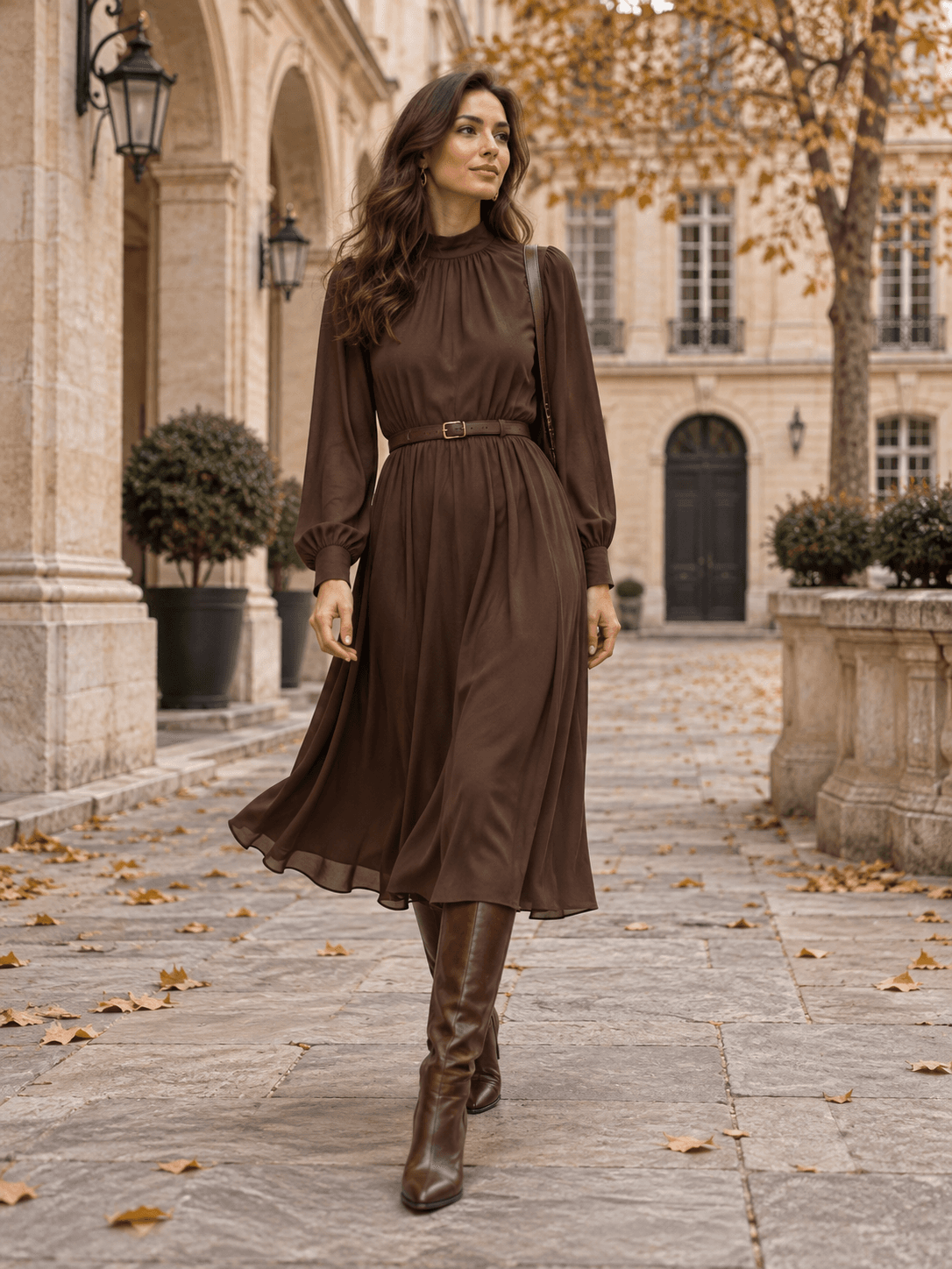 Herbstlicher Look mit schokoladenbraunem Midikleid