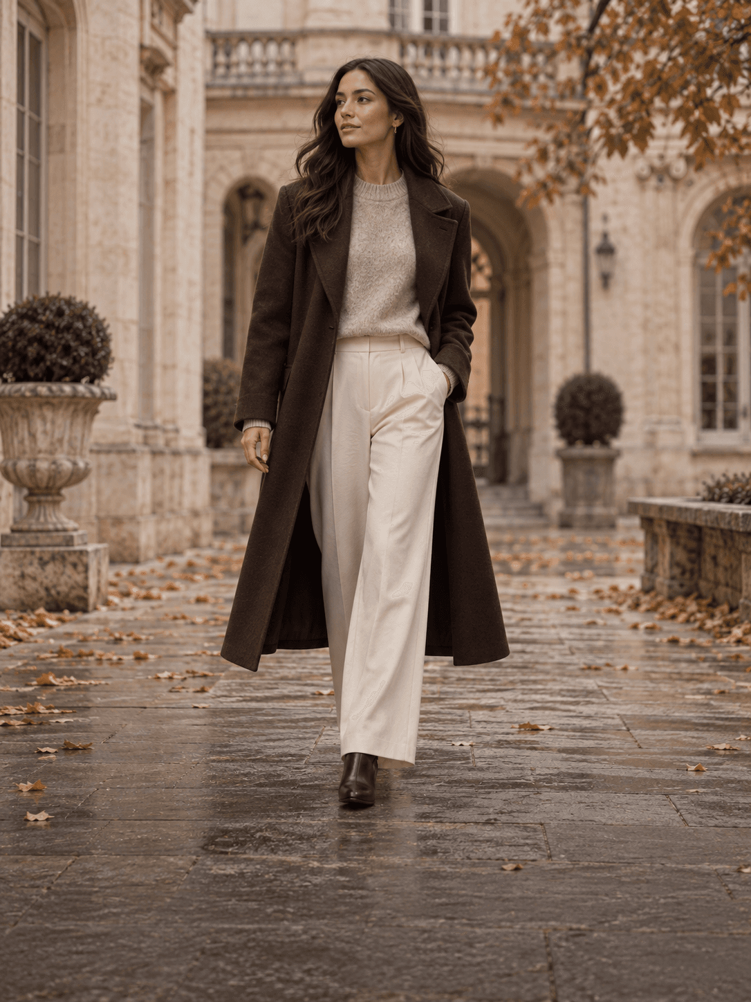 Damenlook mit langem braunem Mantel
