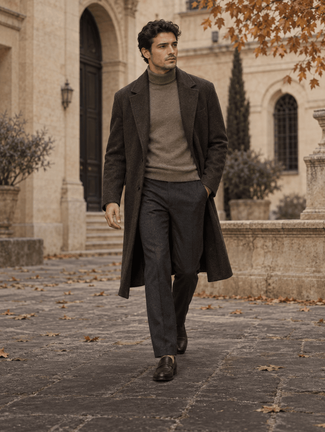 Eleganter Herrenlook mit dunklem Mantel