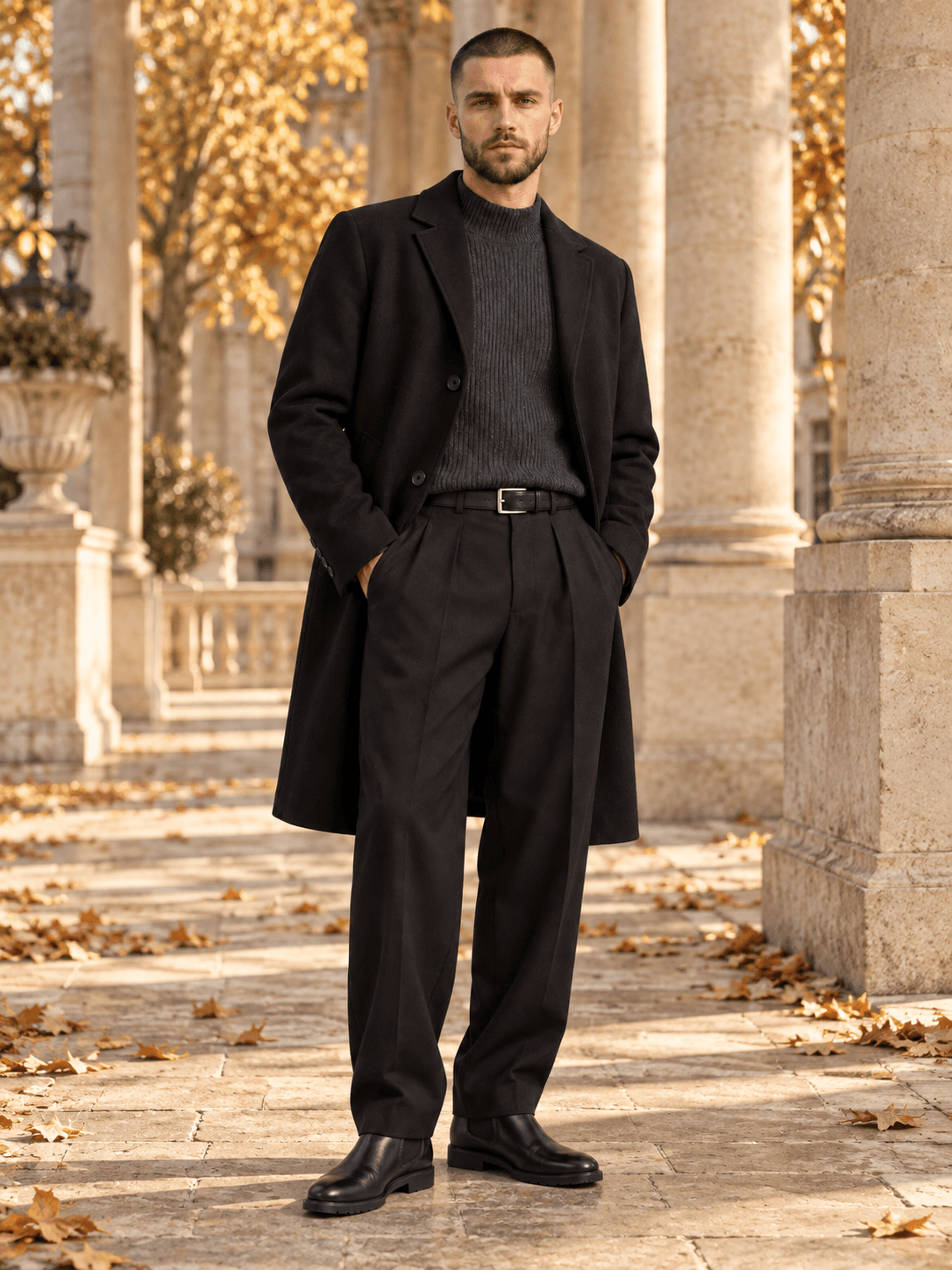 Midnight Coat: schwarzer Mantel, graphitgrauer Strick, schwarze Hose, Gürtel und Chelsea-Boots in herbstlicher Kulisse
