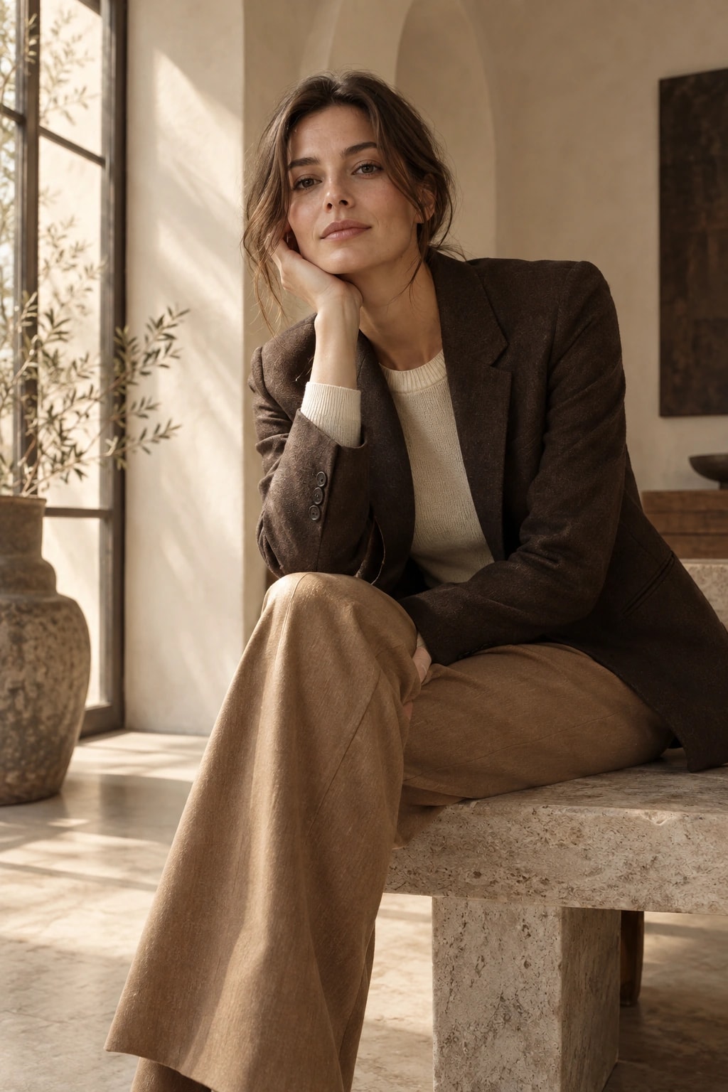 Eleganter Look mit cremefarbenem Strick und braunem Blazer im sonnigen Atelier